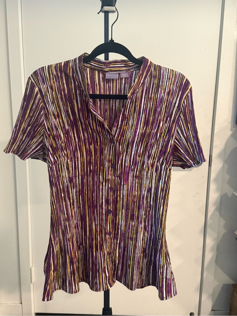 Laura Scott Purple and Gold Striped Short-Sleeve Button Front Top